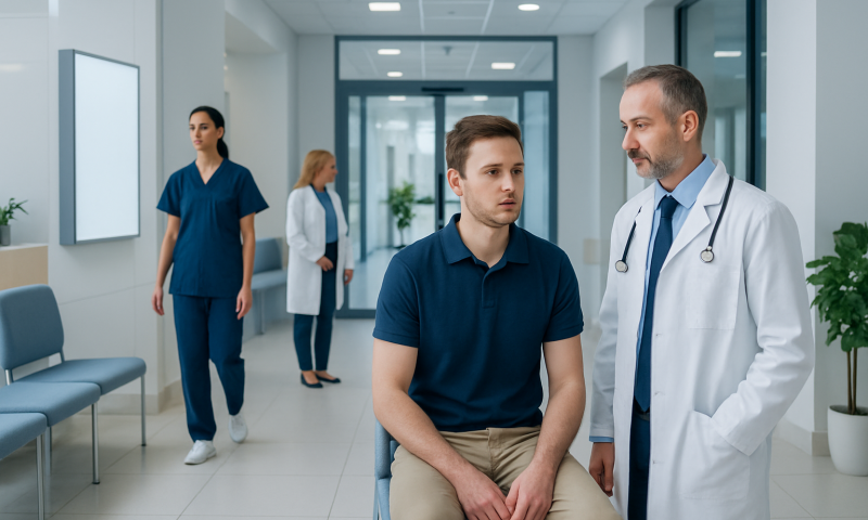 Doctor consulting a patient in a modern hospital corridor.
