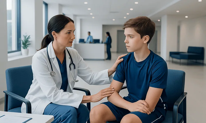 Doctor consulting with young male patient in a modern hospital setting.