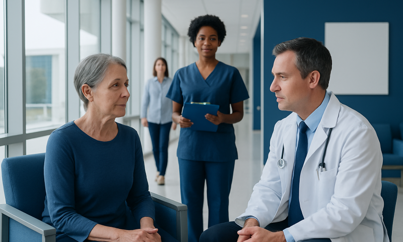 Doctor consulting with elderly woman in hospital setting.
