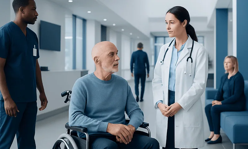 Doctor consulting with elderly patient in hospital corridor.