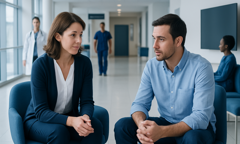 Psychologist and patient having a consultation in a hospital corridor.