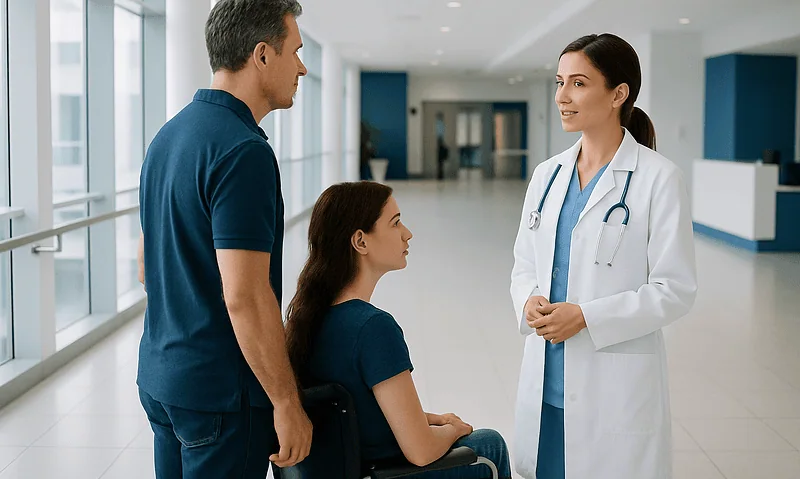 Doctor consulting with a young girl in a wheelchair and her father in hospital corridor.