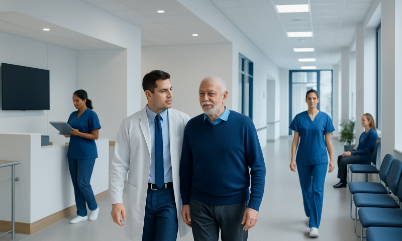 Doctor consulting with elderly patient in hospital corridor.
