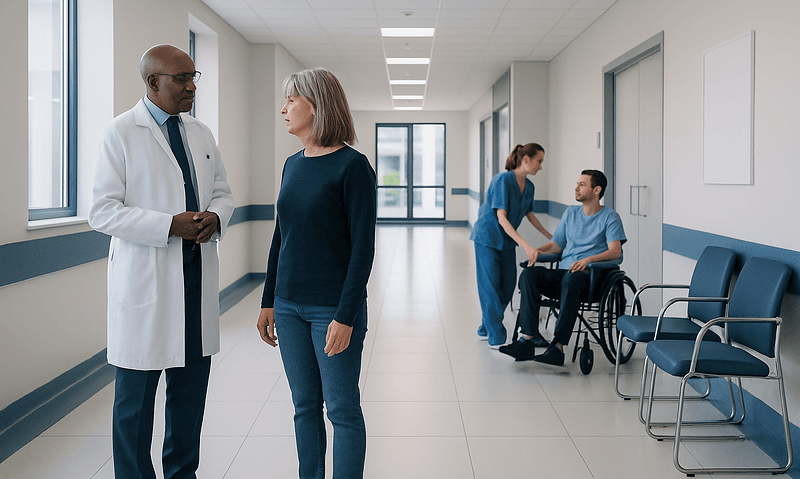 Doctor talking to a patient in a hospital corridor with other patients in the background.