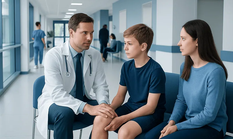 Doctor consulting with a young patient and mother in a hospital corridor.