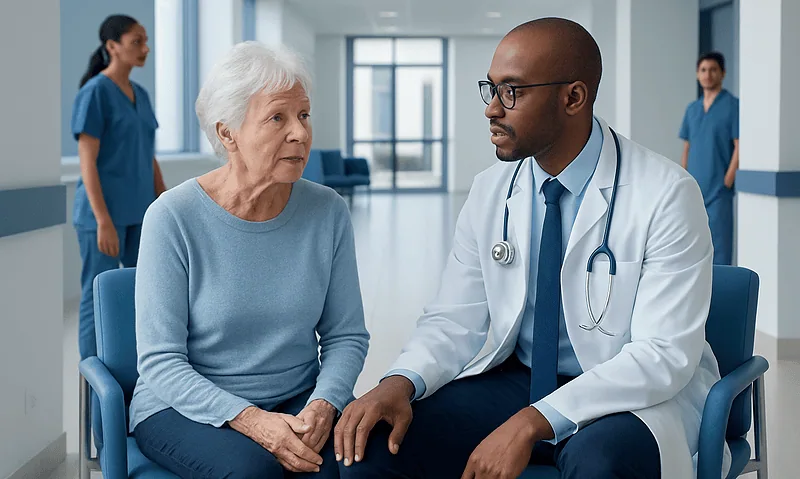 Doctor consulting elderly woman in hospital corridor with nurses in background.