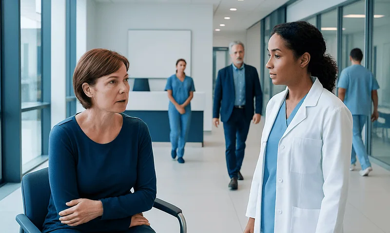 Doctor consulting with a patient in a hospital corridor.