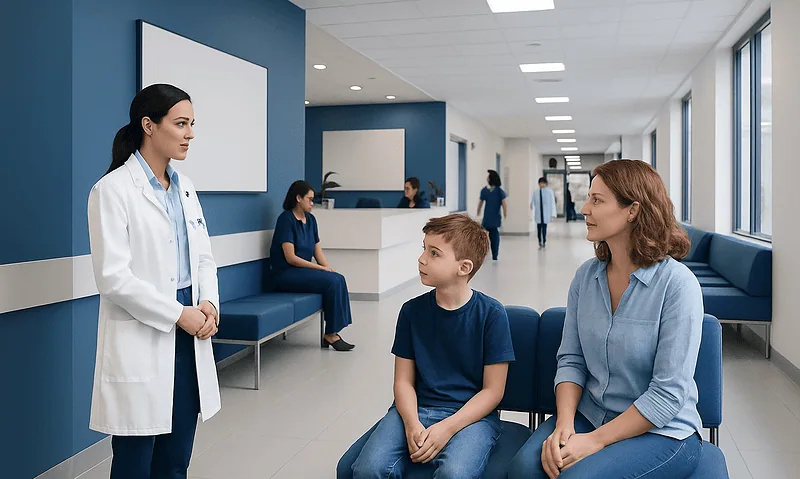 Treatment for Picky Eaters: How It Works, Results and What to Expect 6 Doctor consulting young patient and mother in hospital waiting area.