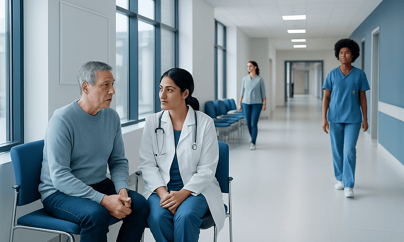 Doctor consulting with senior patient in hospital corridor.