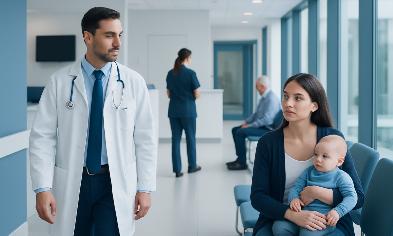 Doctor talking to mother and baby in hospital waiting area.