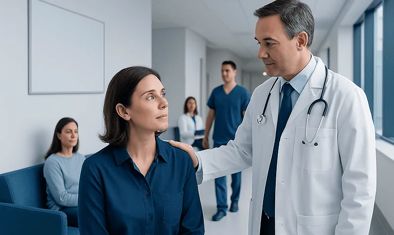 Doctor consulting with a female patient in a hospital corridor.