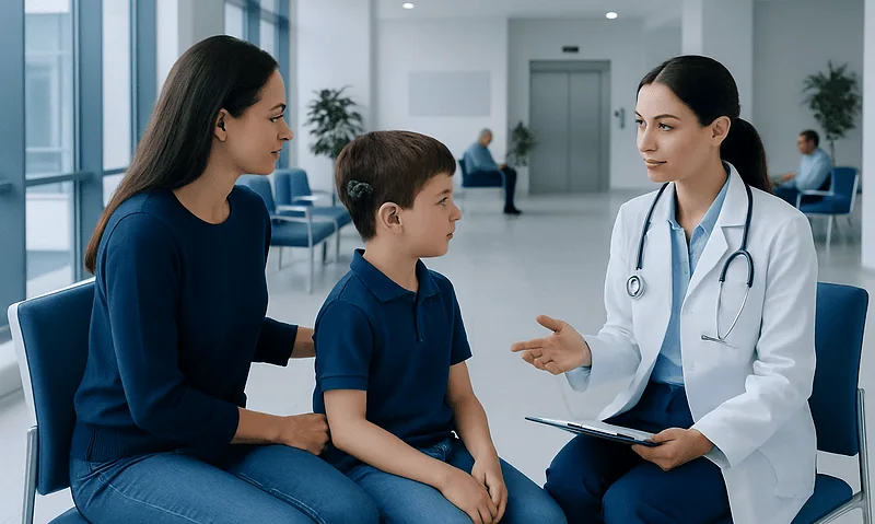 Doctor consulting with a mother and son in a hospital waiting area.