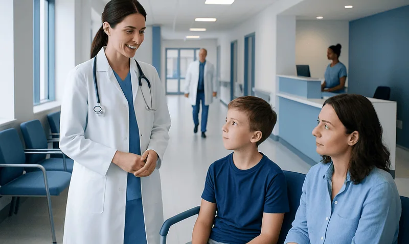 Doctor talking to a young boy and his mother in a hospital corridor.