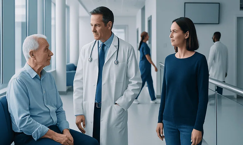 Doctor consulting with elderly patient and visitor in hospital corridor.