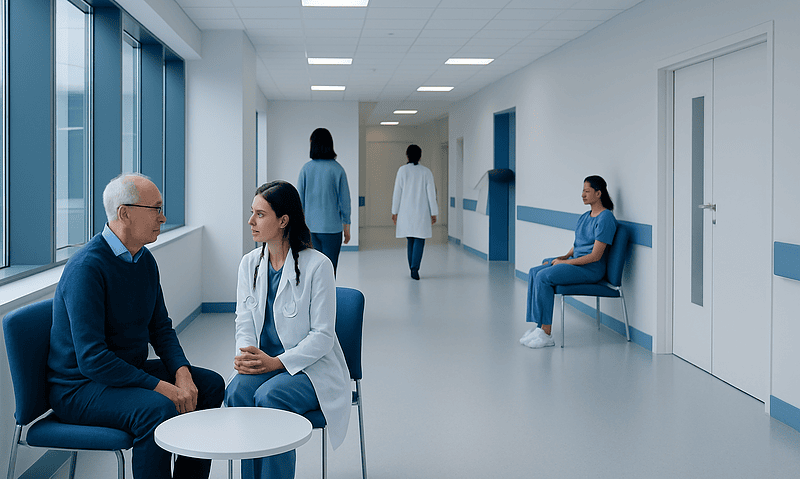 Doctors and patient in hospital corridor for treatment discussion.