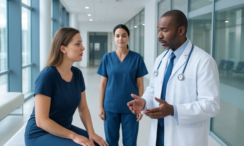 Doctor consulting with female patient in hospital corridor.