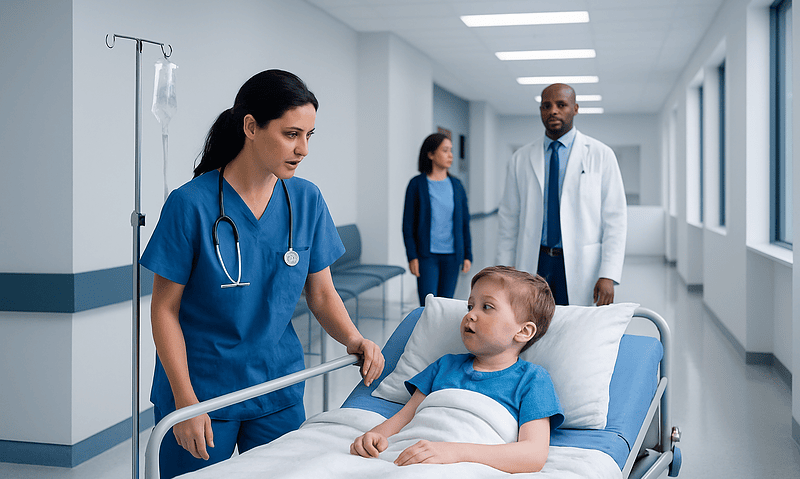 Pediatric patient in hospital bed with medical staff and visitors in background.