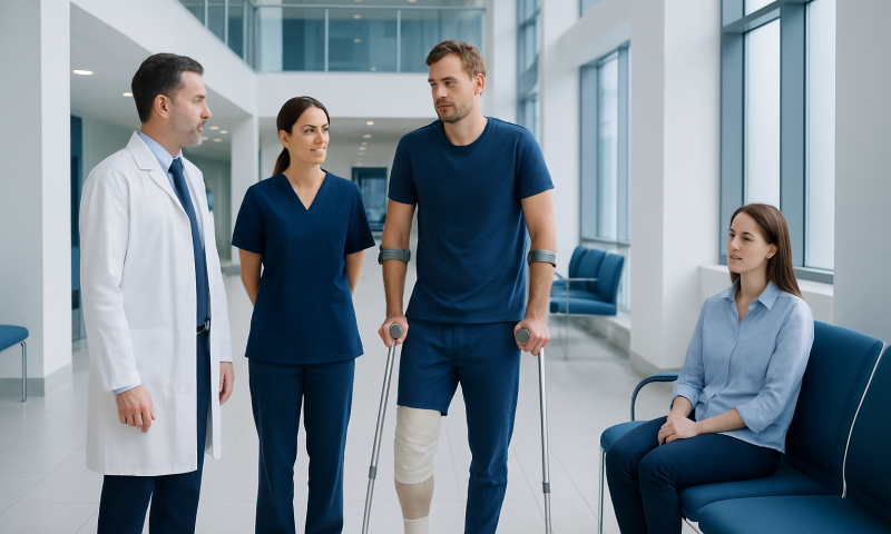 Treatment for Talus Fracture: How It Works, Results and What to Expect 5 Patient with leg injury consulting with medical team in hospital corridor.