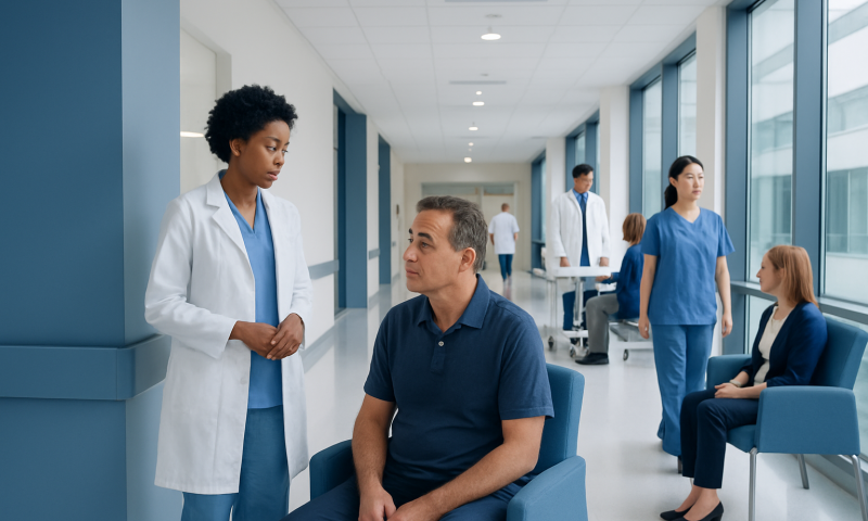 Doctor consulting with patient in hospital corridor with other staff and patients nearby.