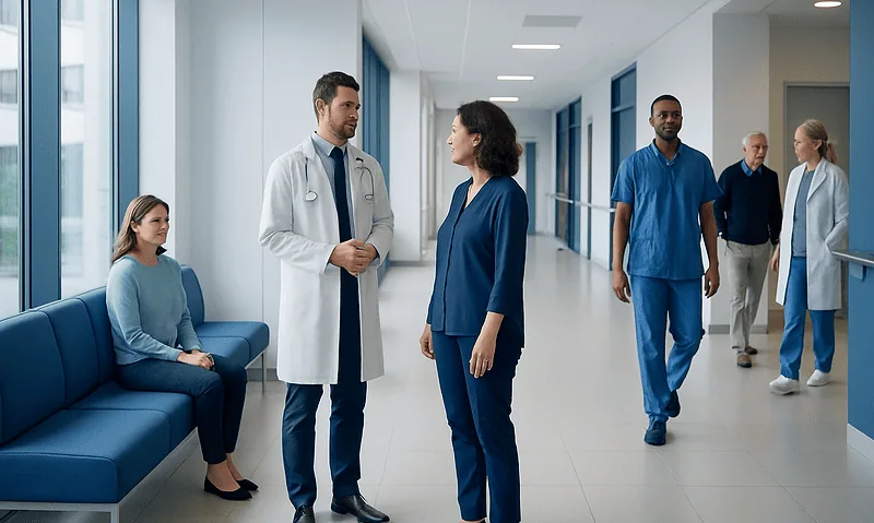 Medical team discussing patient care in hospital corridor.