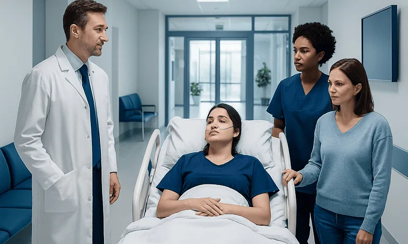 Doctor consulting with patient and family in hospital room.