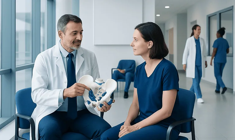 Orthopedic doctor explaining hip anatomy to patient in hospital.