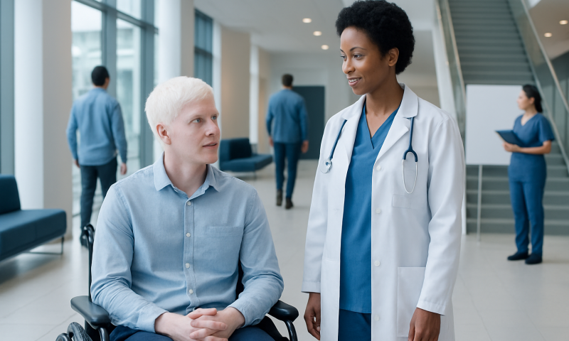 Medical consultation with a doctor and a patient in a hospital lobby.