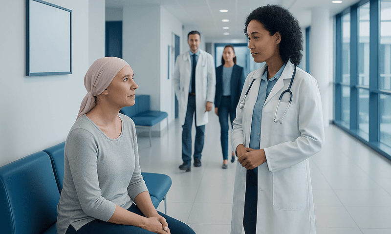 Doctor consulting a patient in a hospital corridor with medical staff in background.