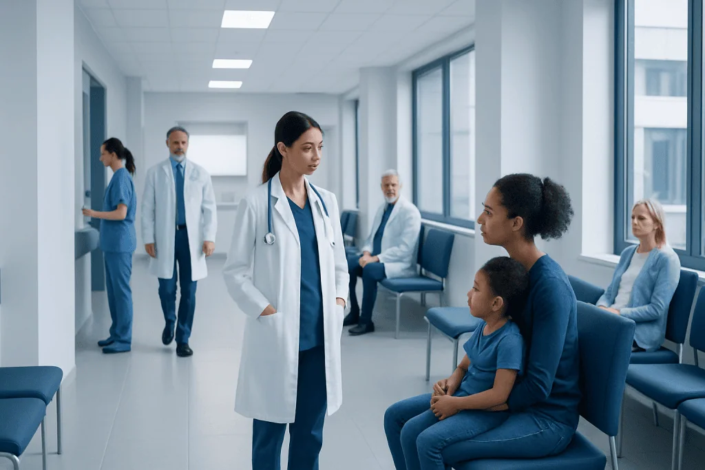 Treatment of Choanal Atresia: How It Works, Results and What to Expect 1 Doctor consulting a young girl and her mother in a hospital corridor.
