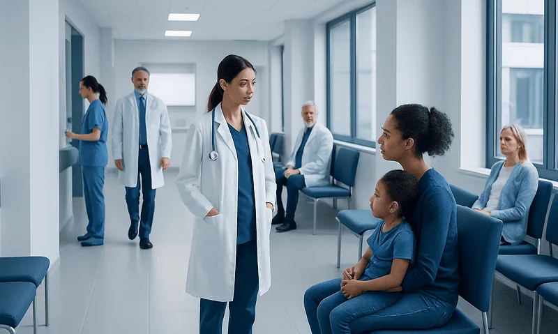 Doctor consulting a young girl and her mother in a hospital corridor.