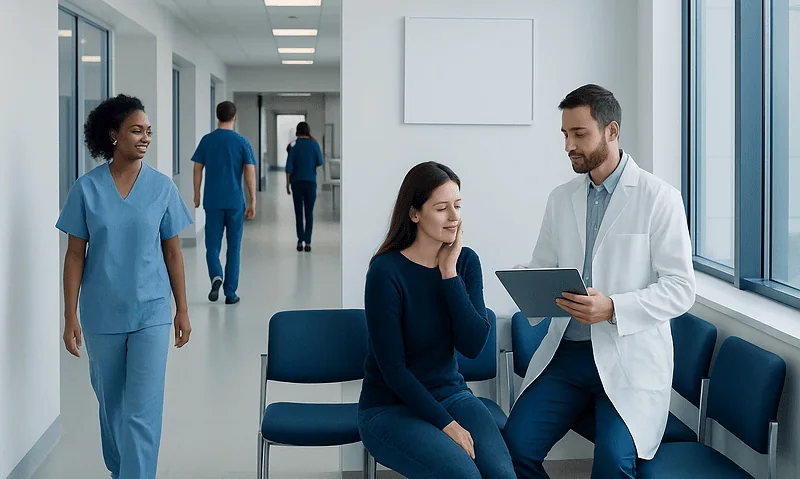 Treatment of Dentoalveolar Abscess: How It Works, Results and What to Expect 16 Doctor consulting with a patient in a hospital corridor.