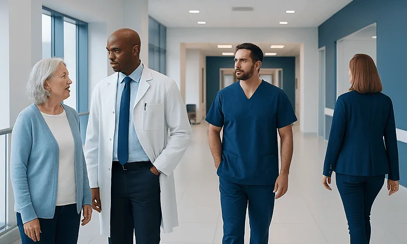 Medical team discussing patient care in hospital corridor.