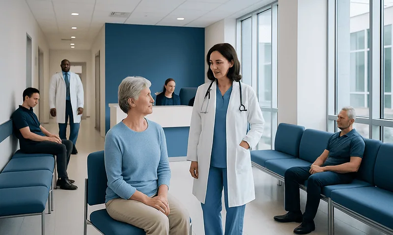 Healthcare professional consulting elderly woman in hospital waiting area.