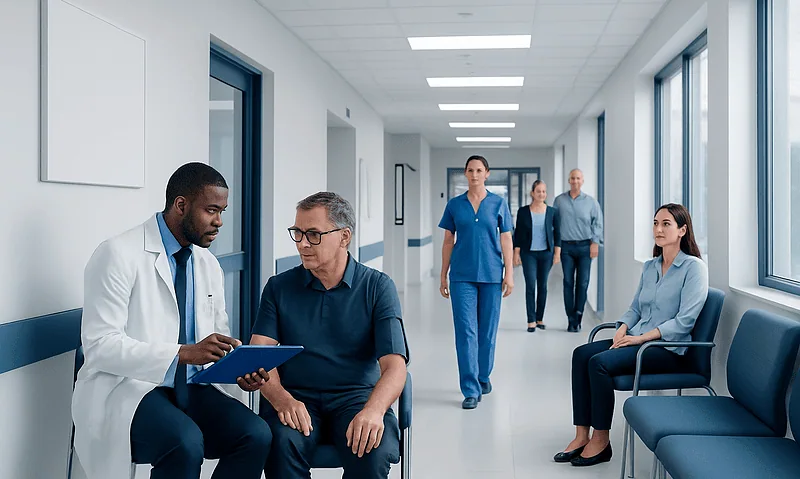 Medical consultation in a hospital corridor with healthcare professionals and patients.
