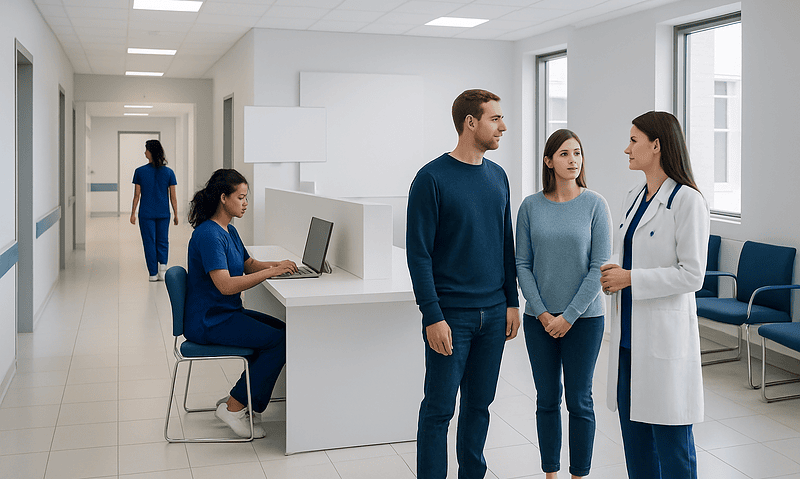 Medical staff and patients in a hospital corridor at Acibadem Hospitals Group.