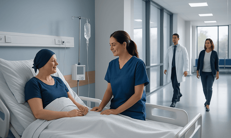 Compassionate nurse talking to a patient in a hospital room.