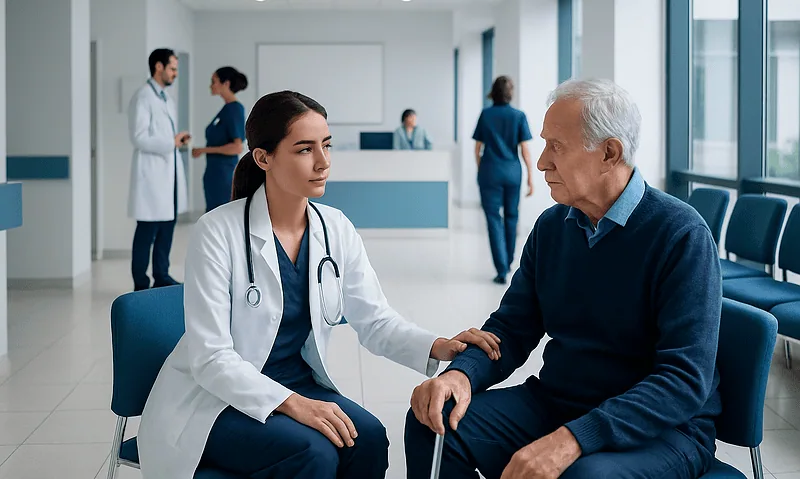 Doctor consulting with elderly patient in hospital waiting area.