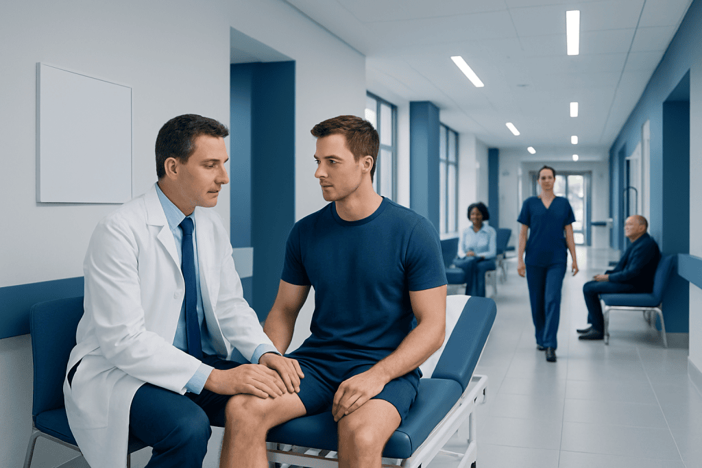 Treatment of Overuse Injuries: How It Works, Results and What to Expect 1 Doctor consulting with a young male patient in a hospital corridor.