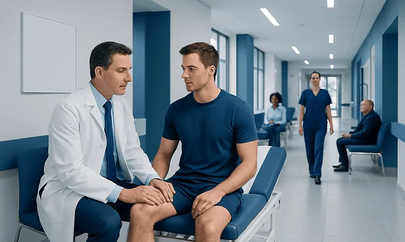 Doctor consulting with a young male patient in a hospital corridor.