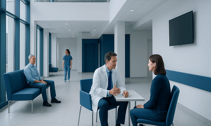 Medical consultation in a modern hospital lobby with doctors and patients.