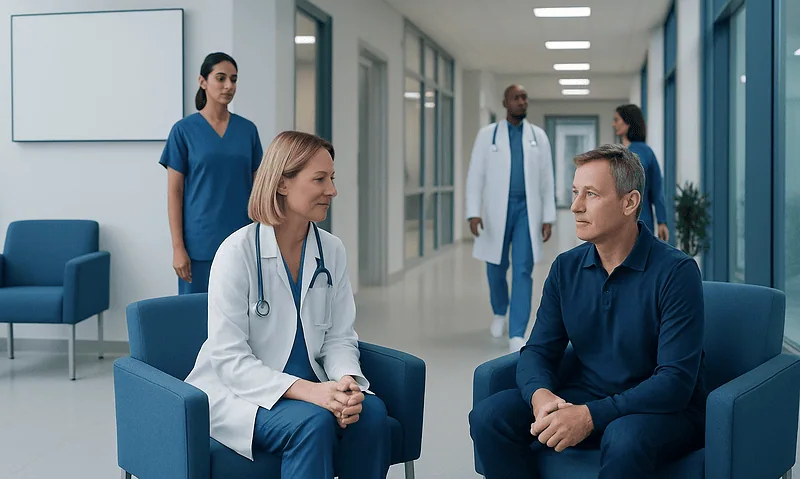 Doctor consulting patient in modern hospital corridor with medical staff nearby.