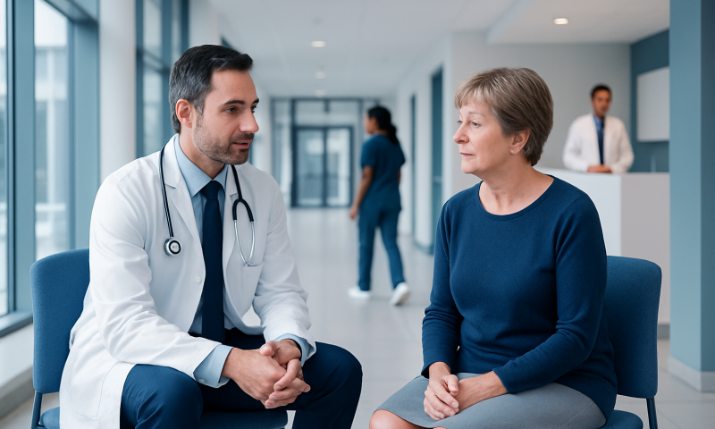 Doctor consulting with an elderly woman in a hospital corridor.