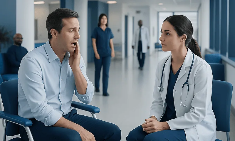 Doctor consulting patient in hospital corridor for treatment options.
