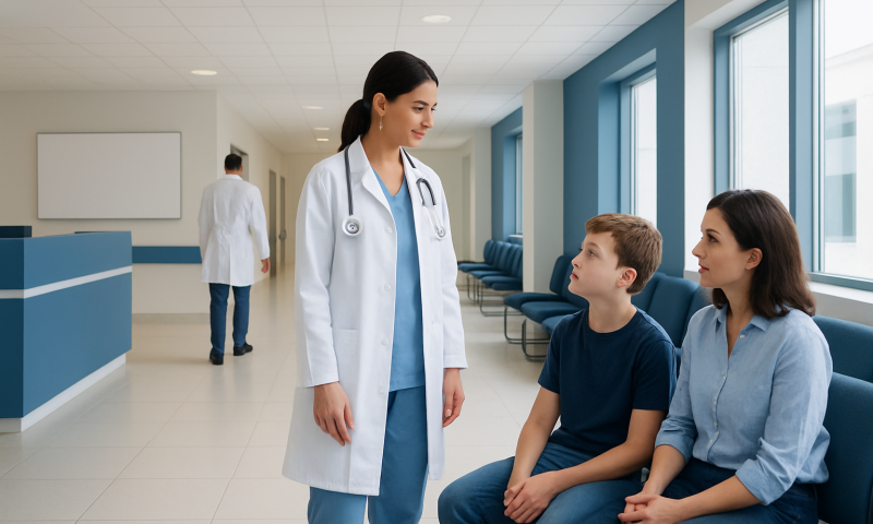 Doctor consulting with a young patient and mother in hospital corridor.