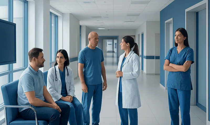 Medical team discussing patient care in hospital corridor.