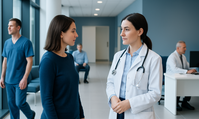 Doctor consulting a patient in a modern hospital corridor.