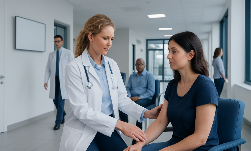 Doctor examining a patient in a hospital corridor for treatment assessment.