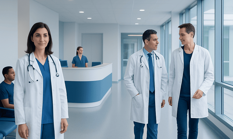 Medical team of doctors and nurses in a modern hospital corridor.