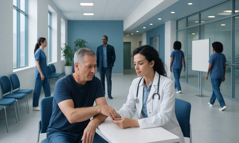 Doctor consulting with patient in hospital corridor with medical staff in background.