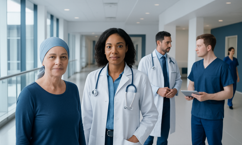 Diverse medical team in hospital corridor with doctors and nurse.
